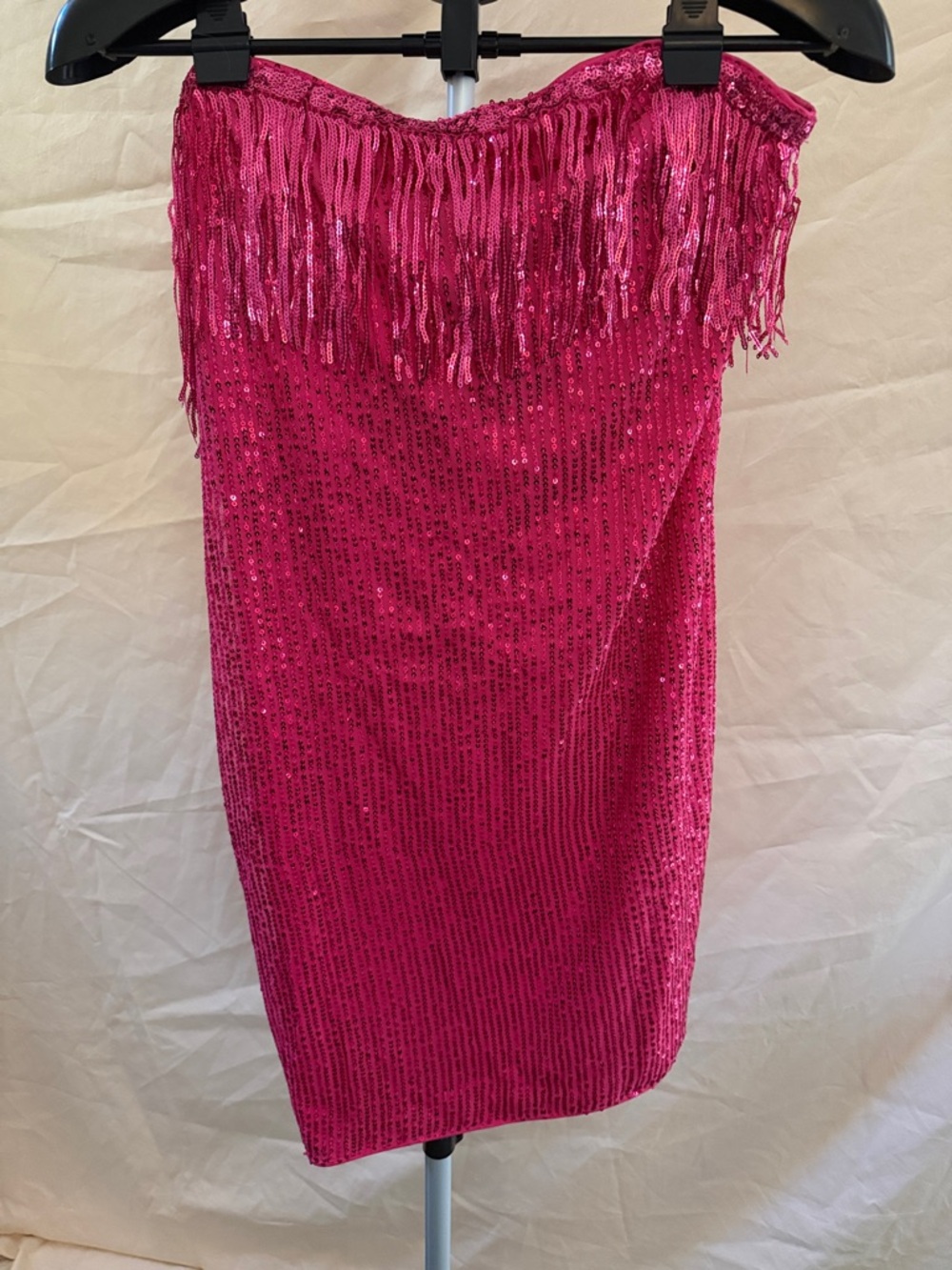SHEIN Hot Pink Sequin Fringe Strapless Party Dress